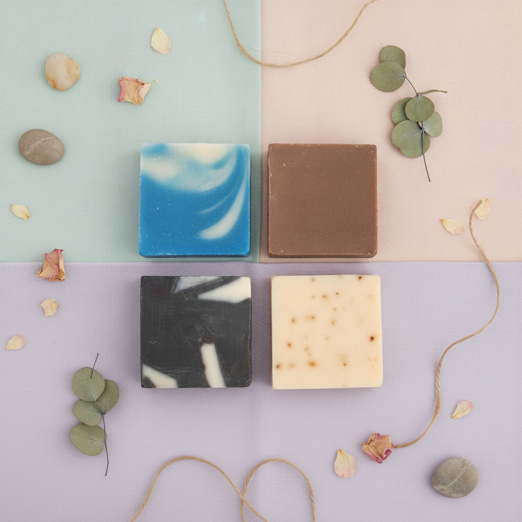 Four Classic Handmade Soap Bars shown from above on a pastel background with eucalyptus leaves, dried petals, stones, and twine accents.