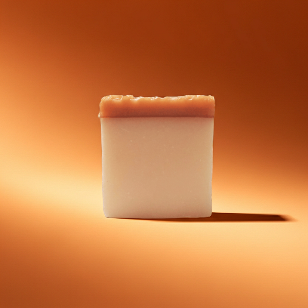 Honey Child handmade soap bar on warm golden gradient background with soft shadow.