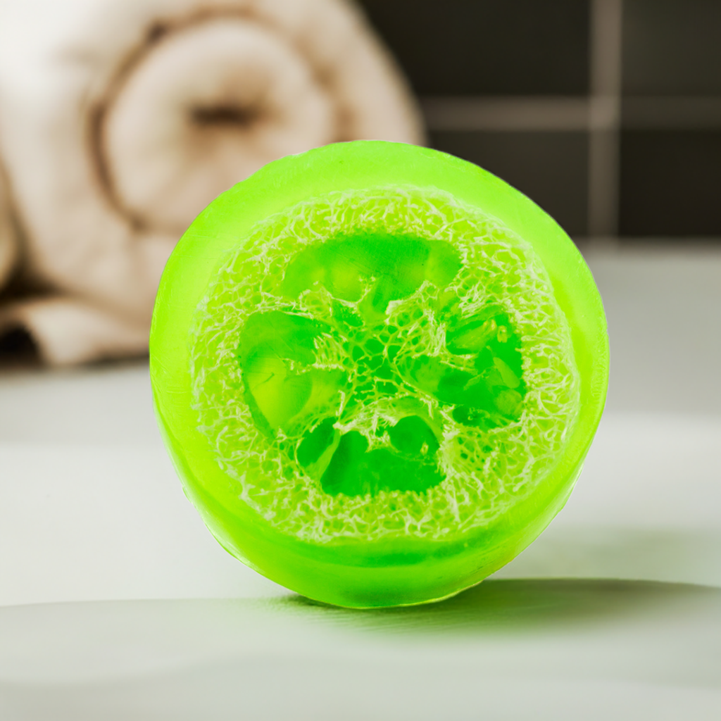 Green Loofah Soap Bar close-up showing the real loofah sponge inside.