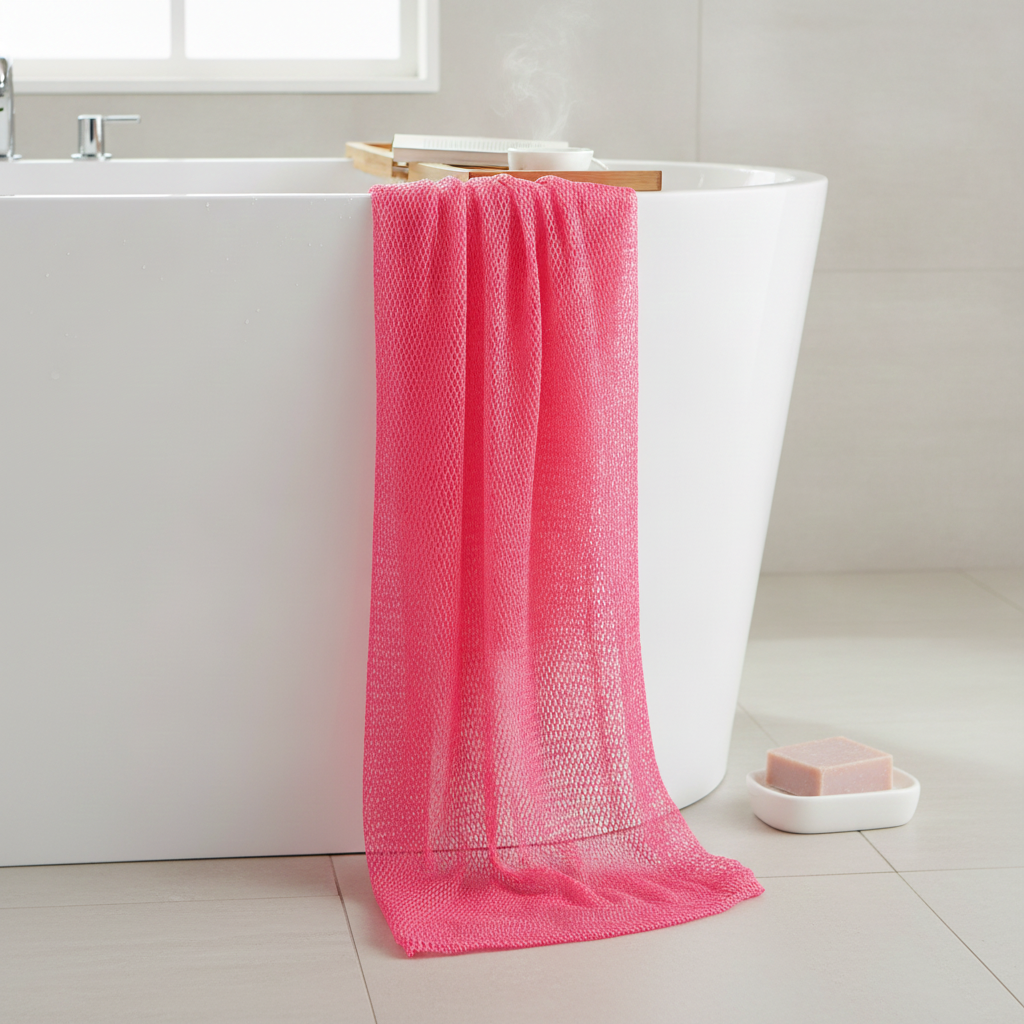 Pink Super Size Sapo Sponge draped over the edge of a white bathtub