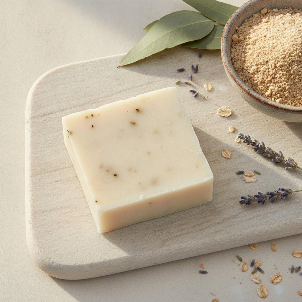 Eucalyptus Lavender Goat’s Milk Soap Bar on a light tray with oatmeal, lavender sprigs, eucalyptus leaves, and ground oatmeal.