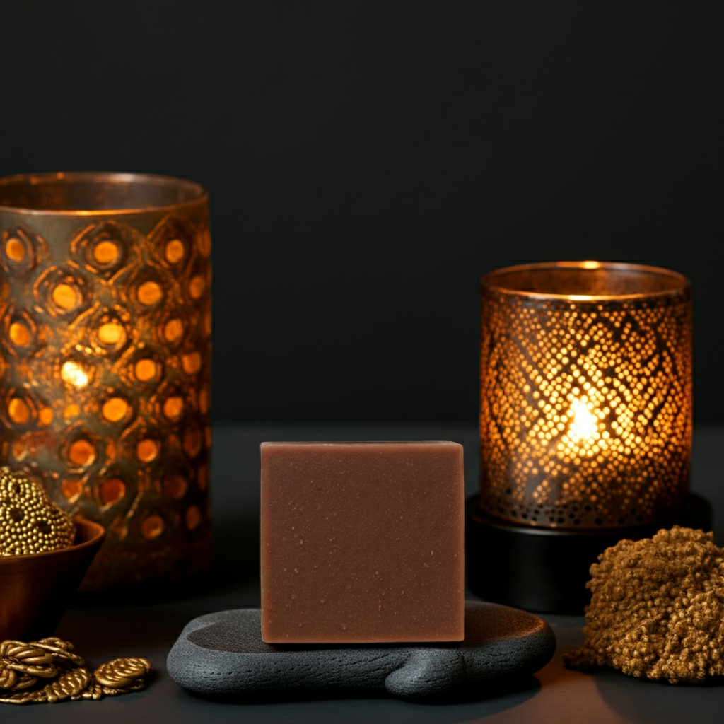 Queen Nandi handmade oatmeal soap bar with amber, vanilla, and earthy musk in warm candlelight