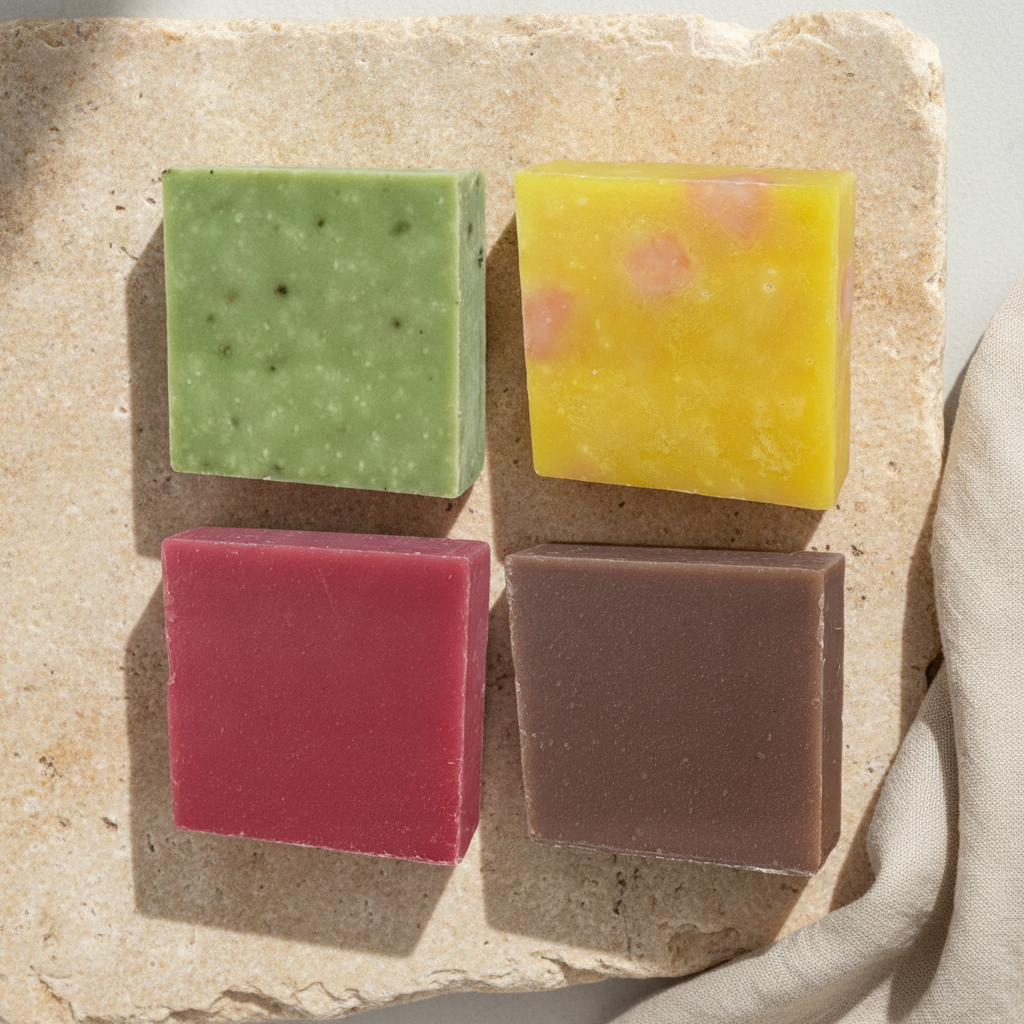 Four Heritage Line soap bars arranged on a stone surface in green, yellow, pink, and brown tones.