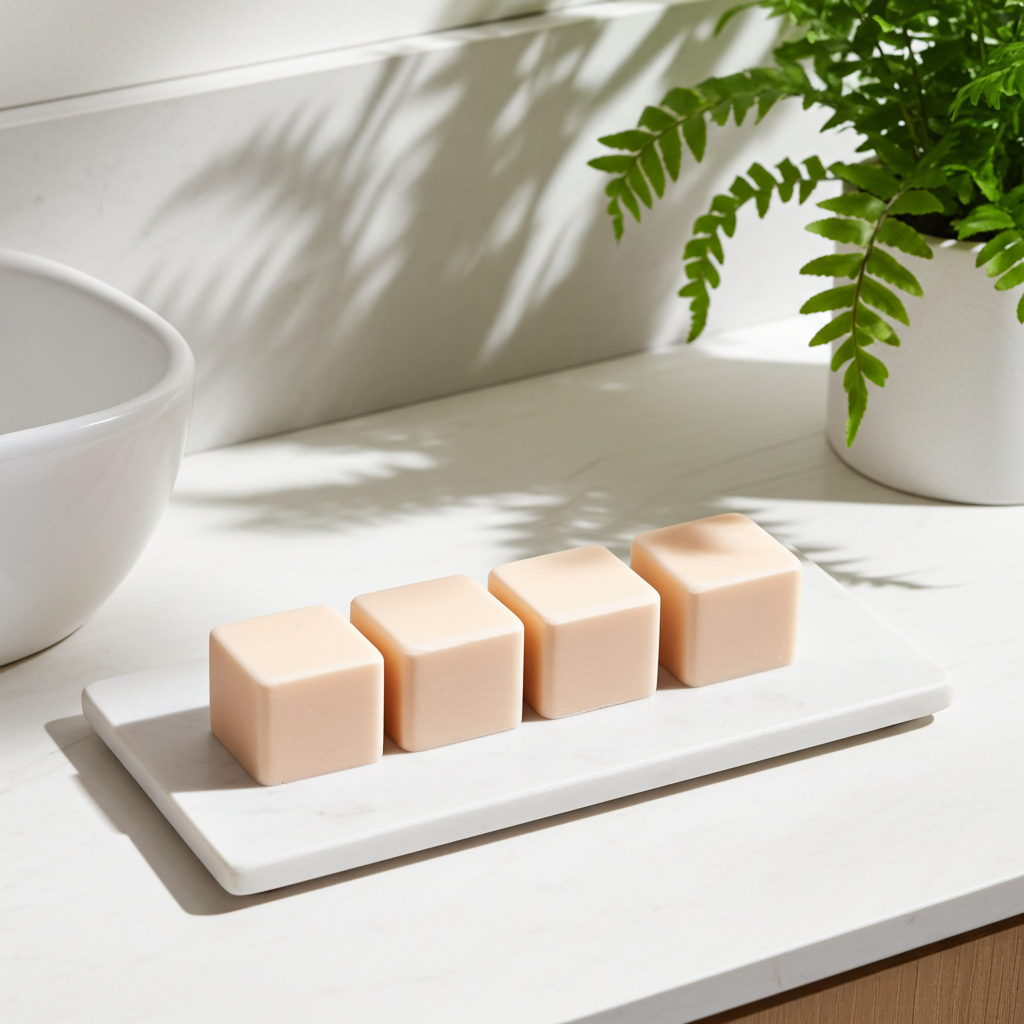 Four Nag Champa shower steamers lined on a white marble tray beside lush green plants in a bright, modern bathroom.