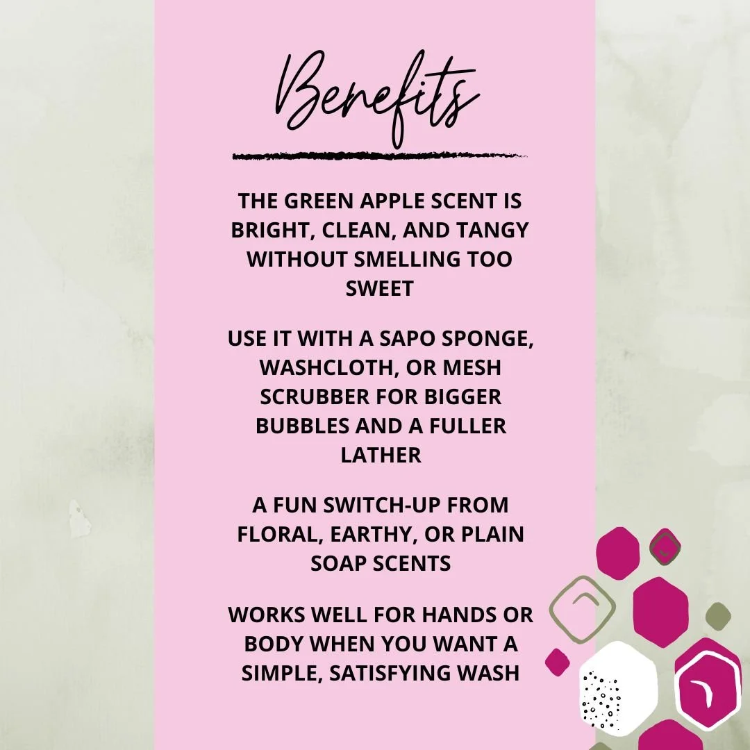 Benefits graphic for Apple Cider Vinegar Soap Bar highlighting crisp green apple scent, creamy lather, scent variety, and shower tool pairing.