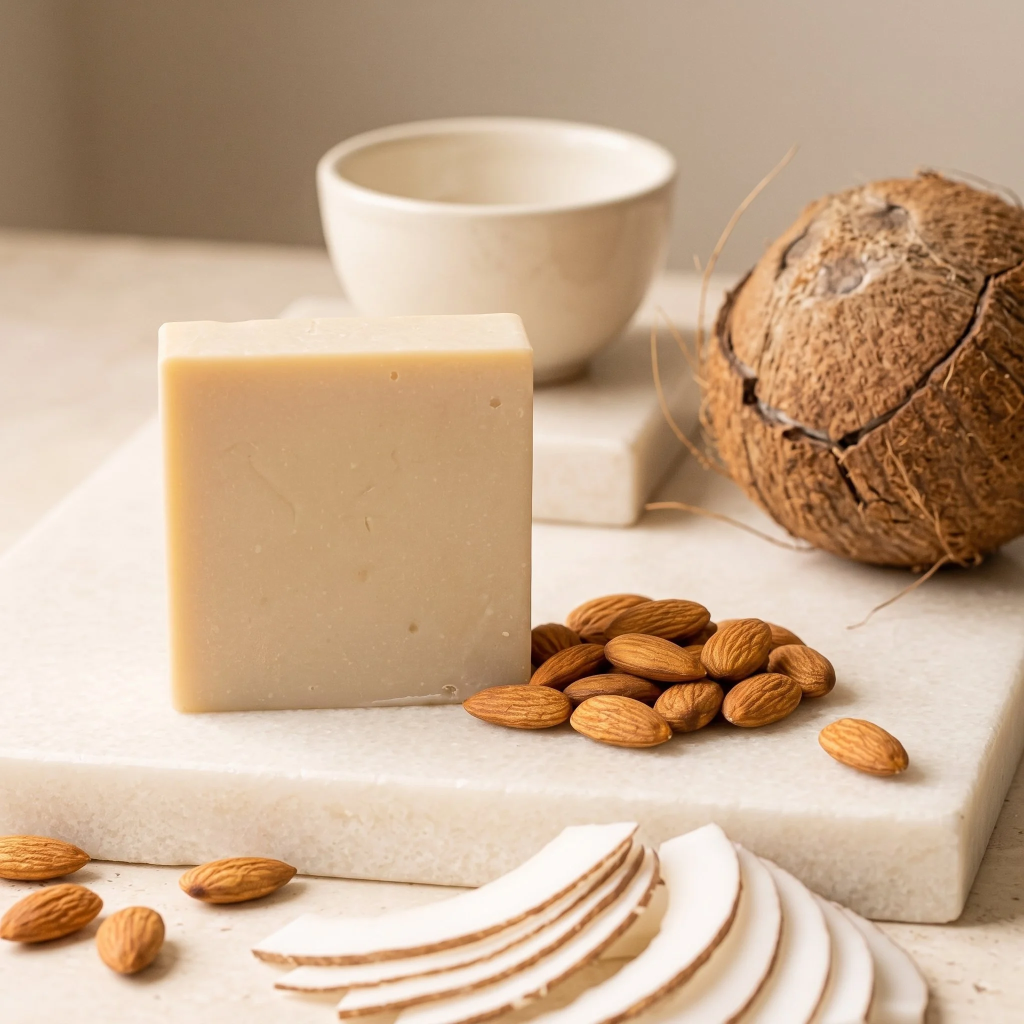 Almond Coconut Soap Bar shown from above with coconut shells, coconut slices, and almonds on a neutral surface.