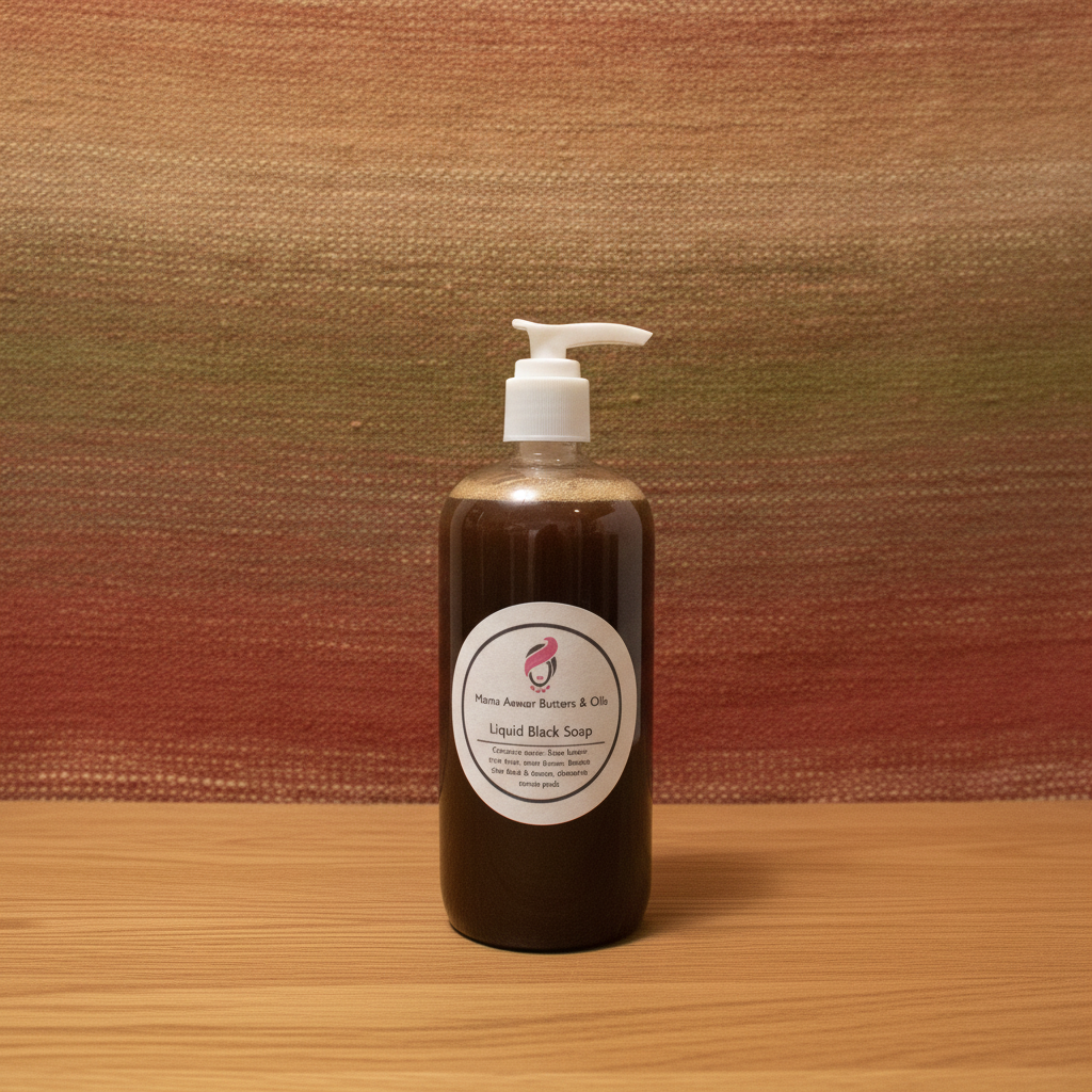 Raw Liquid African Black Soap on a wooden surface against a warm woven fabric background.