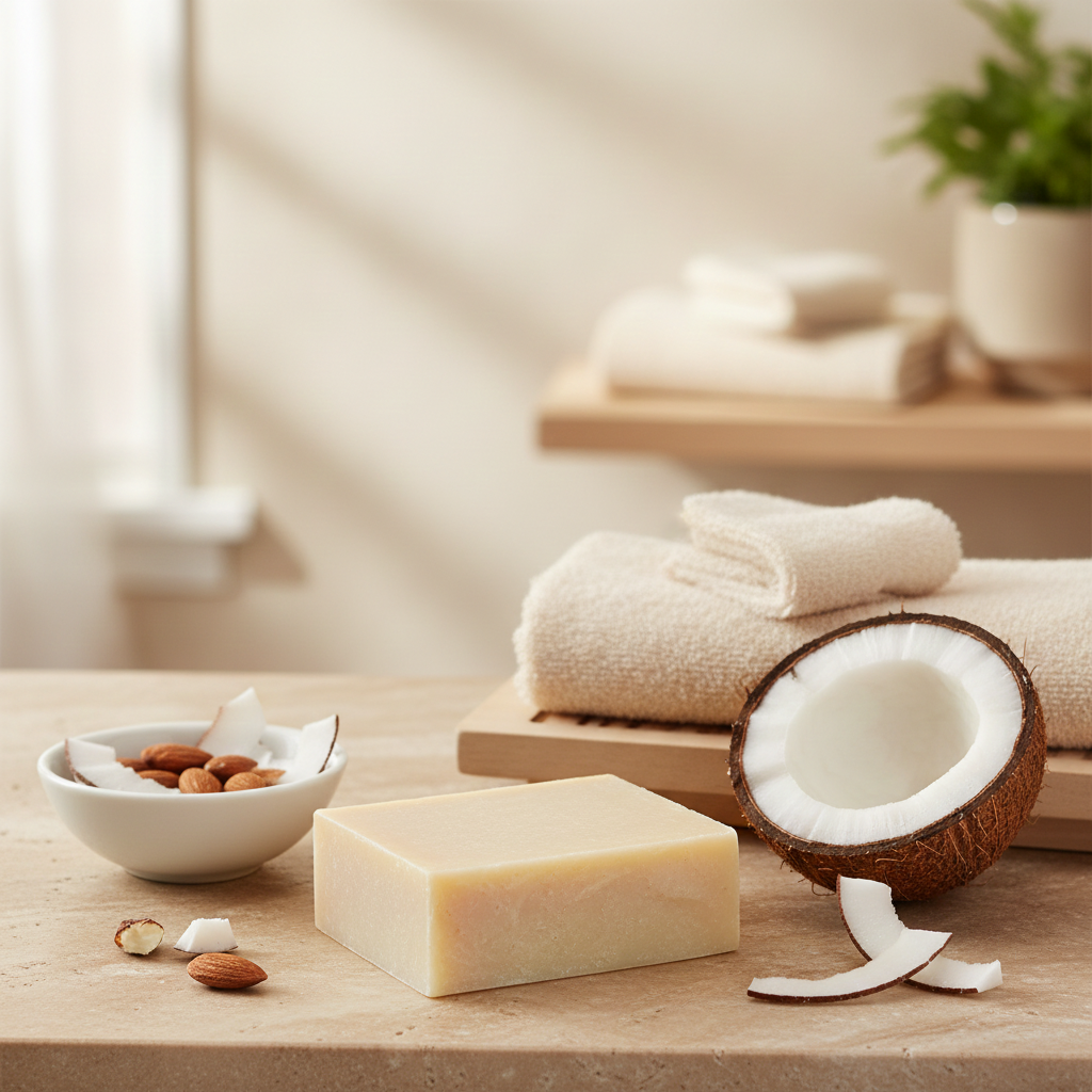 Almond Coconut Soap Bar on a bathroom counter with coconut shells, almonds, folded towels, and soft window light.
