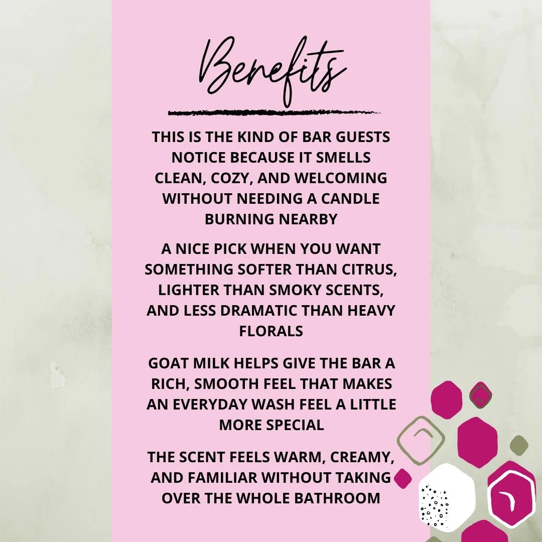 Benefits graphic for Oatmeal Goat’s Milk Soap highlighting its creamy lather, warm scent, and everyday cleansing experience.
