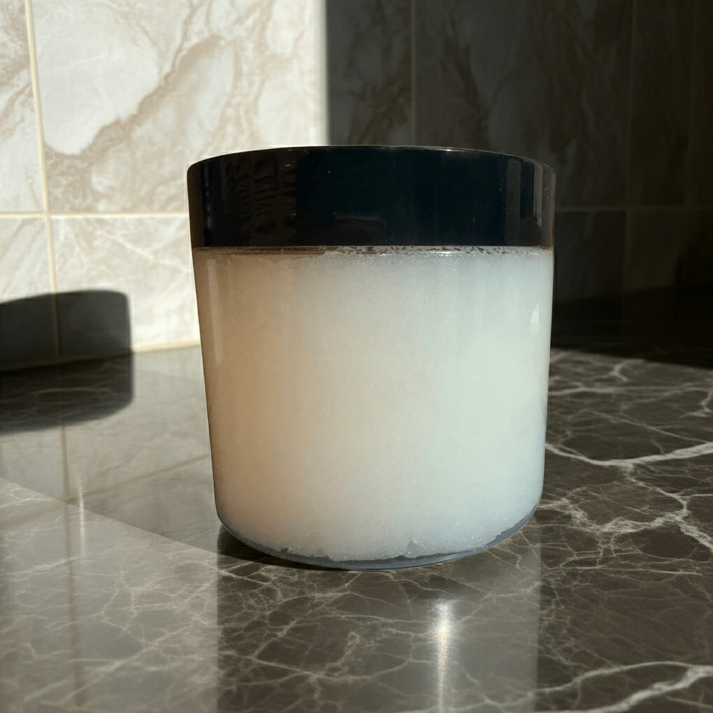 A close-up product image of The White Line by Mama Aswan Unscented Raw Sugar Scrub 16oz on dark marble, giving the fragrance-free scrub a clean and elevated look.