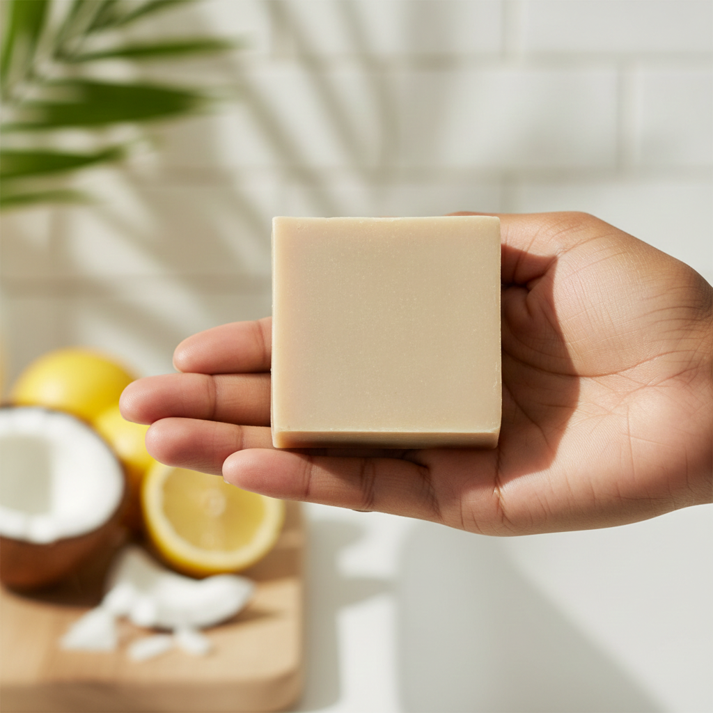 Lemon Coconut Soap Bar held in a hand with lemons and coconut in the background.