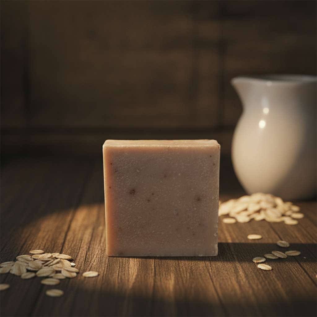 Oatmeal Goat’s Milk Soap on a rustic wooden surface with rolled oats and a white pitcher in the background.