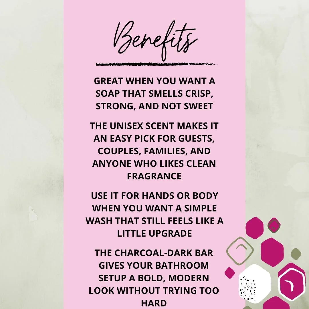 Benefits graphic for Charcoal Aloe Soap Bar highlighting crisp scent, unisex fragrance, creamy lather, and bold charcoal look.