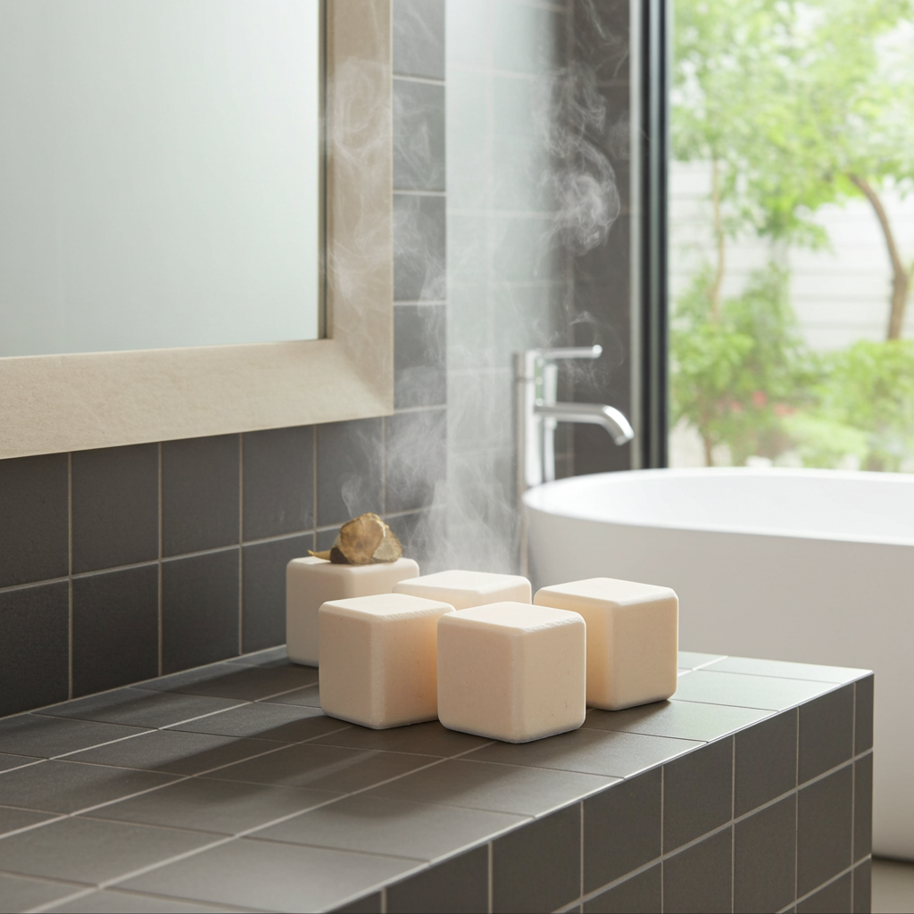 Four cream-colored Nag Champa shower steamers on a tiled bathroom counter with steam rising and a soaking tub in the background.