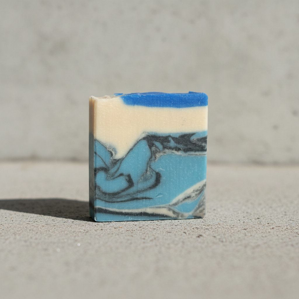 Lowcountry Blue handmade soap bar in soft natural light against a clean neutral background