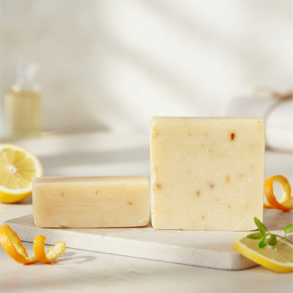 Citrus Splash Goat Milk Soap Bars on a marble surface with lemon slices, orange peel, and soft bathroom lighting.