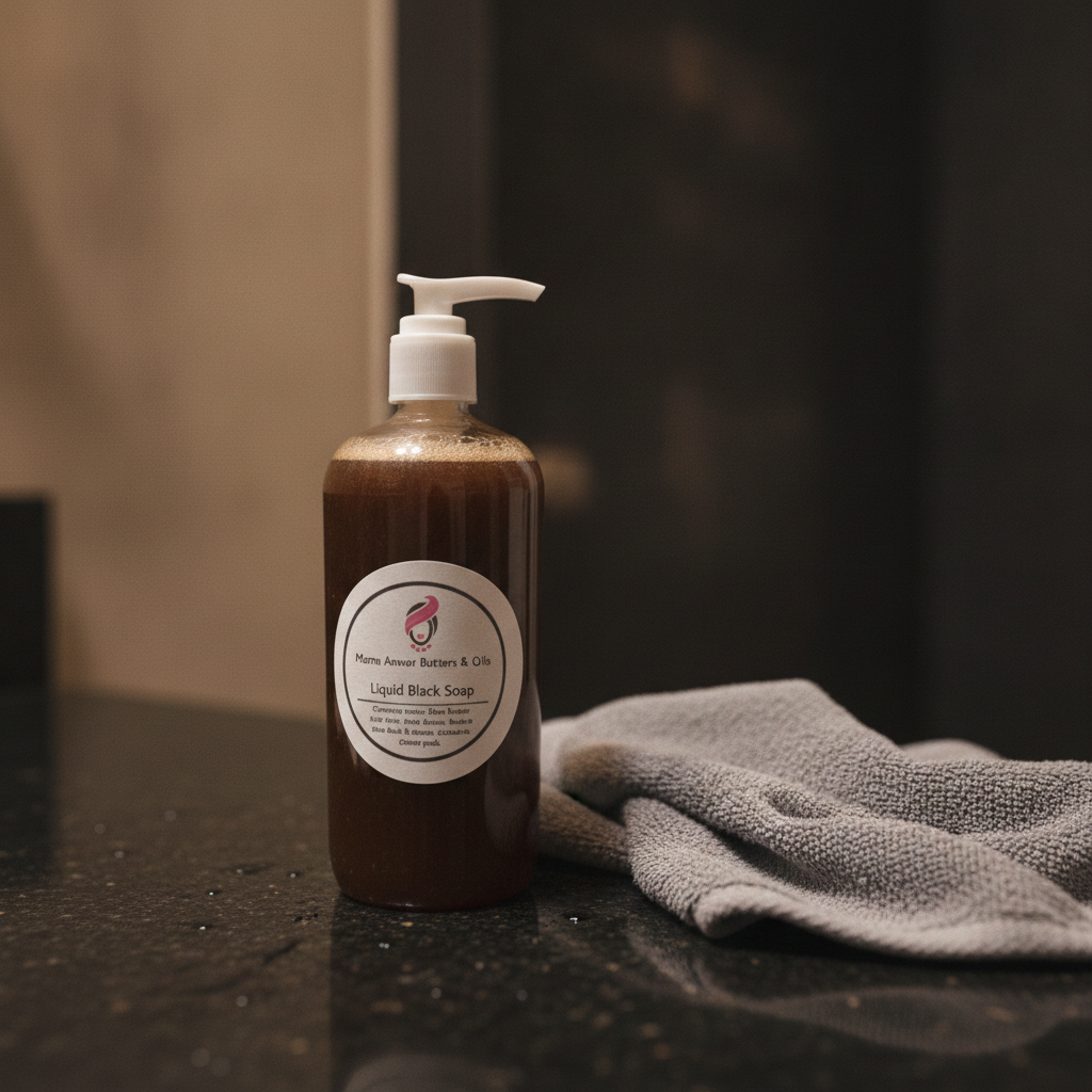 Raw Liquid African Black Soap on a dark bathroom counter beside a folded gray washcloth.