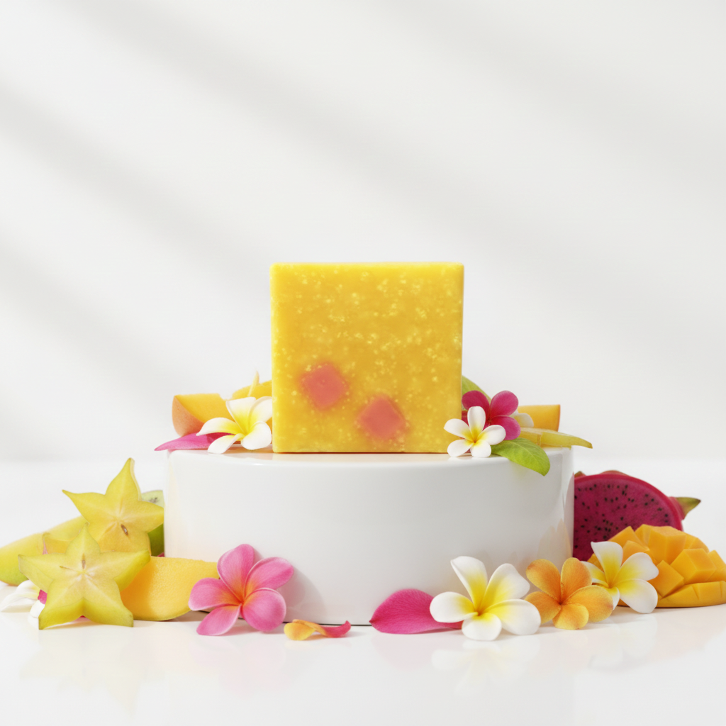 Island Girl Radiance handmade soap bar surrounded by tropical flowers and fruit in a bright airy setting