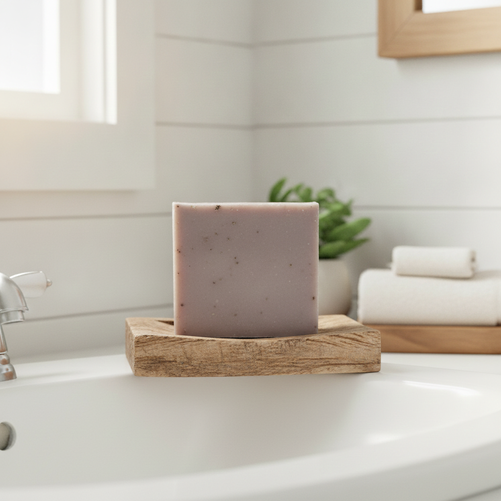 Oatmeal Milk & Honey Soap Bar on a wooden soap dish beside a bathtub in a bright bathroom setting.