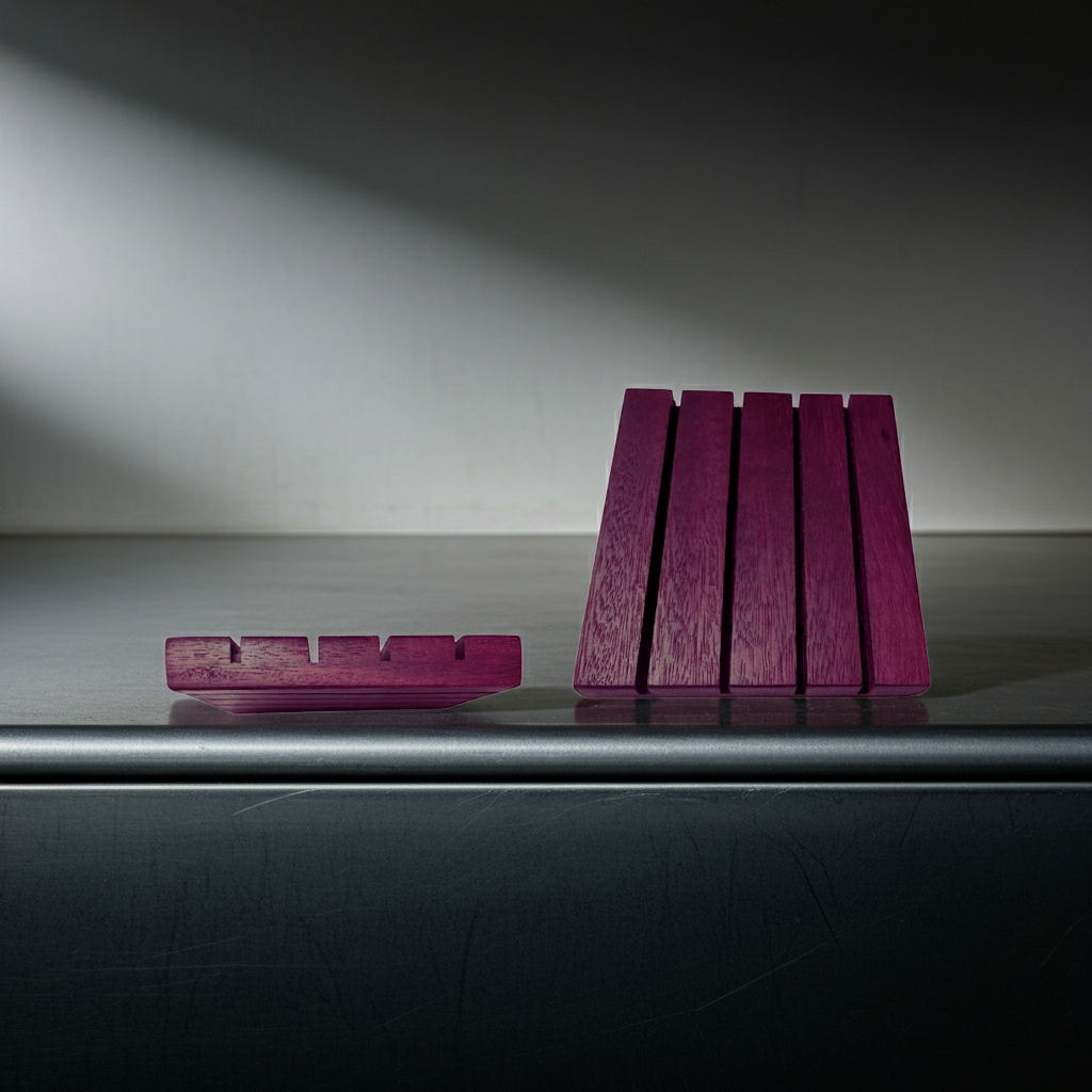 Two Square Edge Purple Heart wood soap dishes on a dark surface, one standing upright and one shown in side profile under directional light