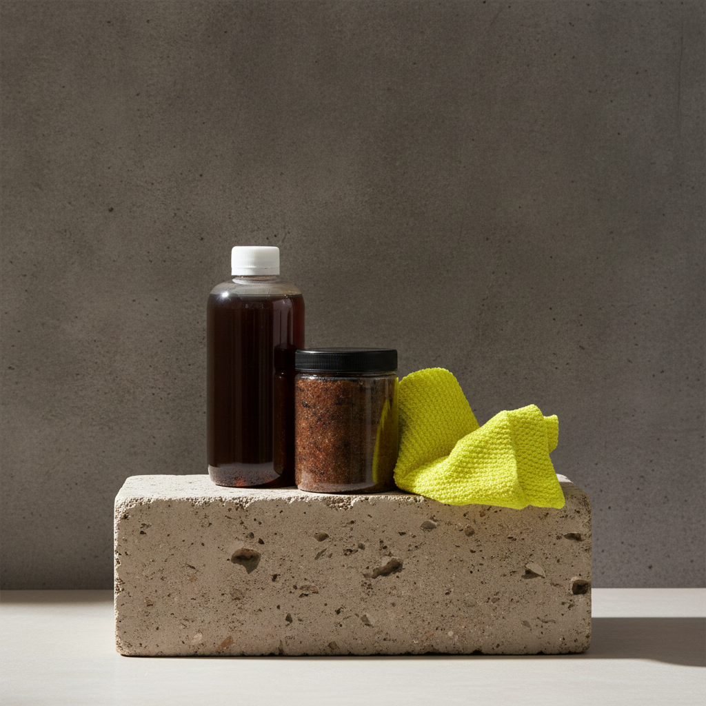 Black Soap Two Ways set with liquid African black soap, black soap paste, and yellow Sapo Sponge on a stone block.