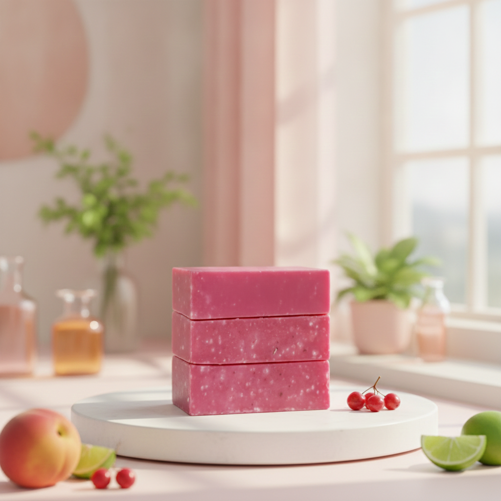 Stacked Spring Breeze Scrub Soap Bars on a bathroom counter with fruit accents and soft pink lighting.