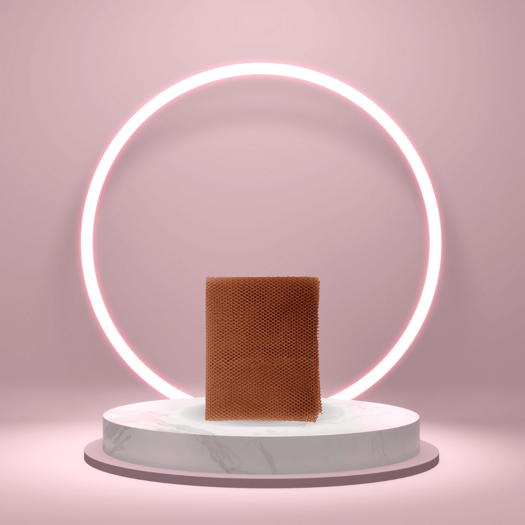 Brown long body scrubber standing upright on a marble pedestal with a glowing circular light behind it.