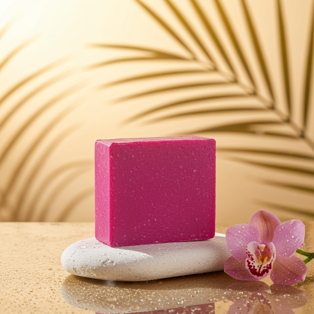 Sun-Kissed Empress soap bar styled with an orchid and palm shadow in warm tropical light