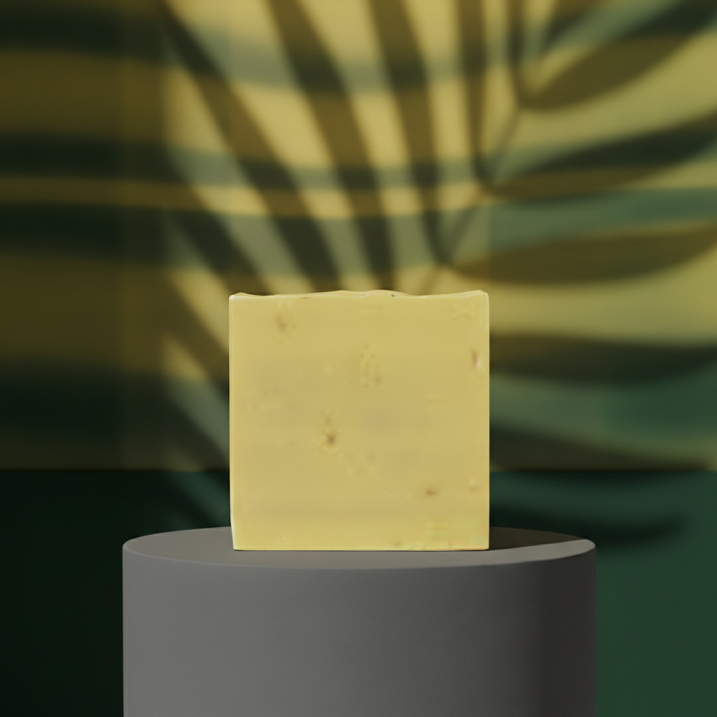 Island Citrus for Men Scrub Soap Bar on a pedestal with green palm shadows and moody lighting.