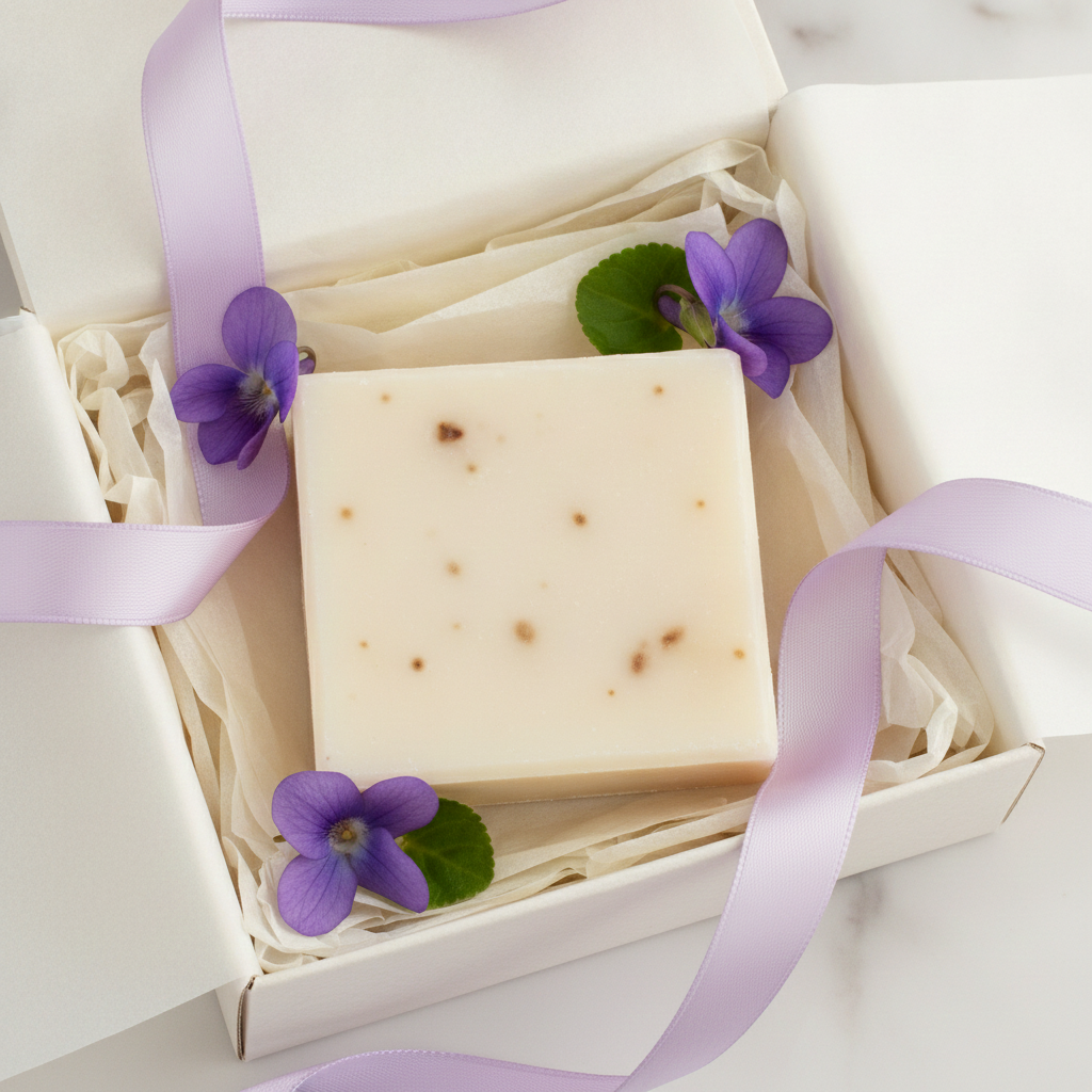 African Violet Soap Bar in a white gift box with purple ribbon and violet flowers.