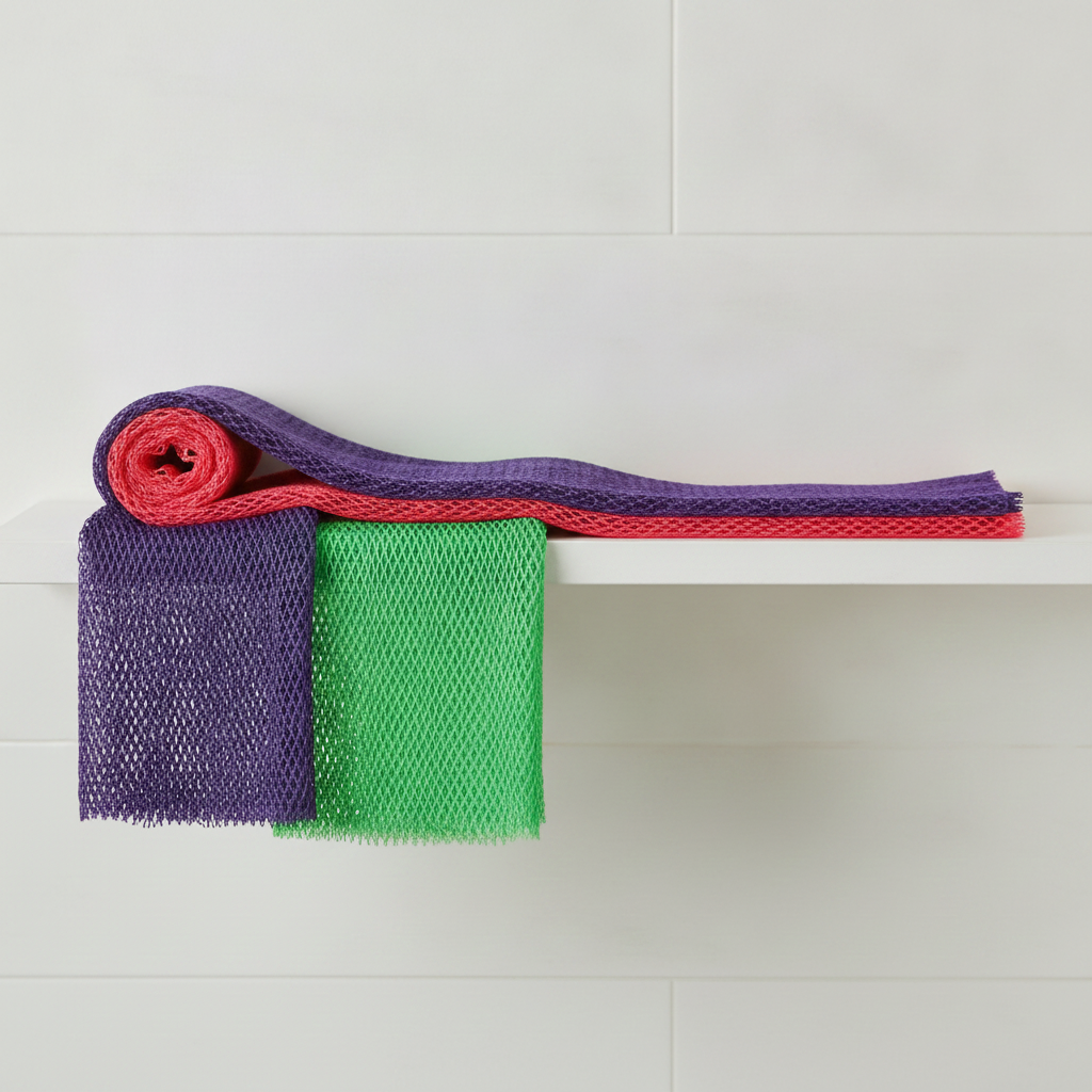 Purple, green, and coral Super Size Sapo Sponges extended over a bathroom ledge to show their extra-long design