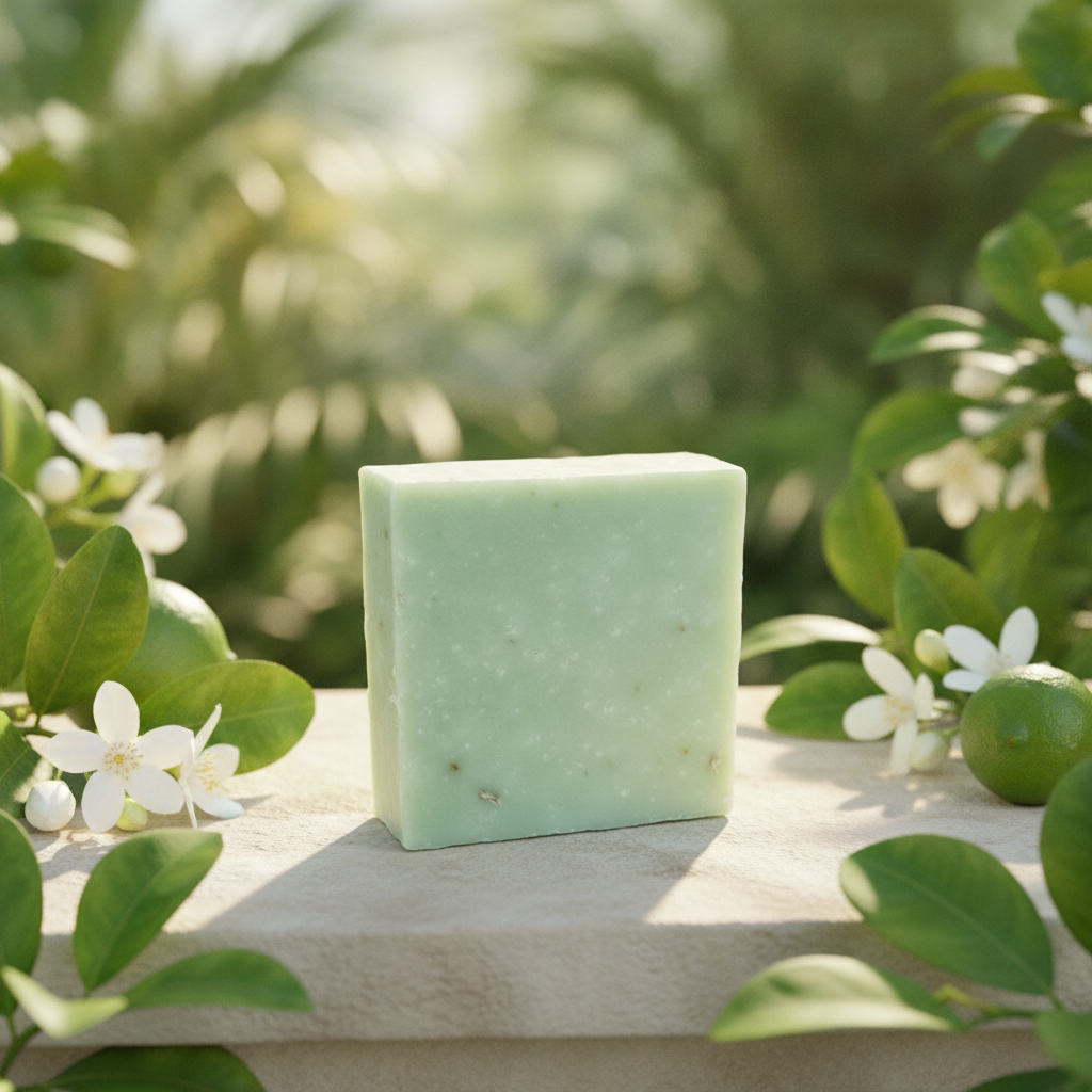 Jasmine Lime Scrub Soap Bar outdoors with jasmine flowers, lime, and green leaves.