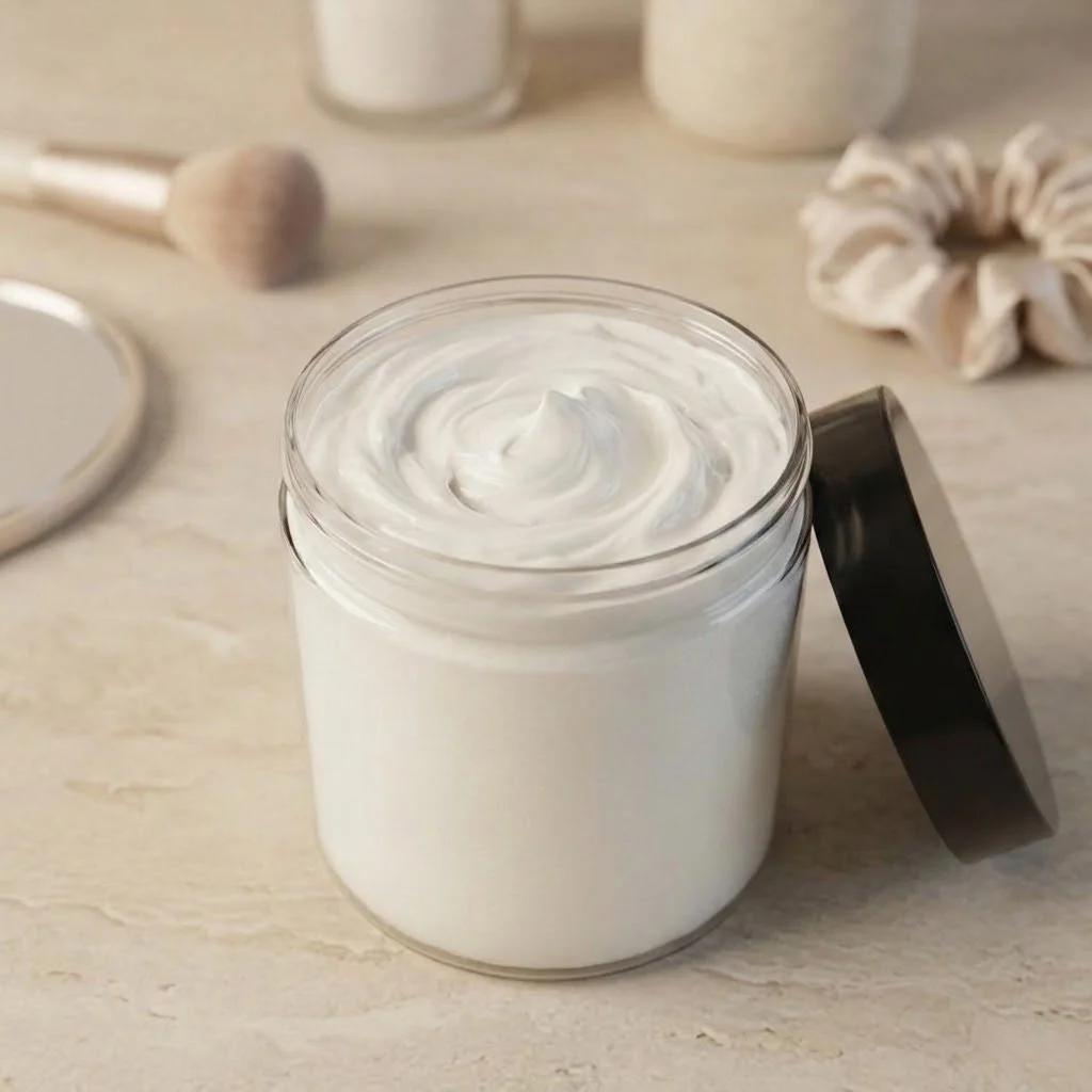 Open jar of Thick With It body butter with a whipped swirl on top and the black lid beside it.