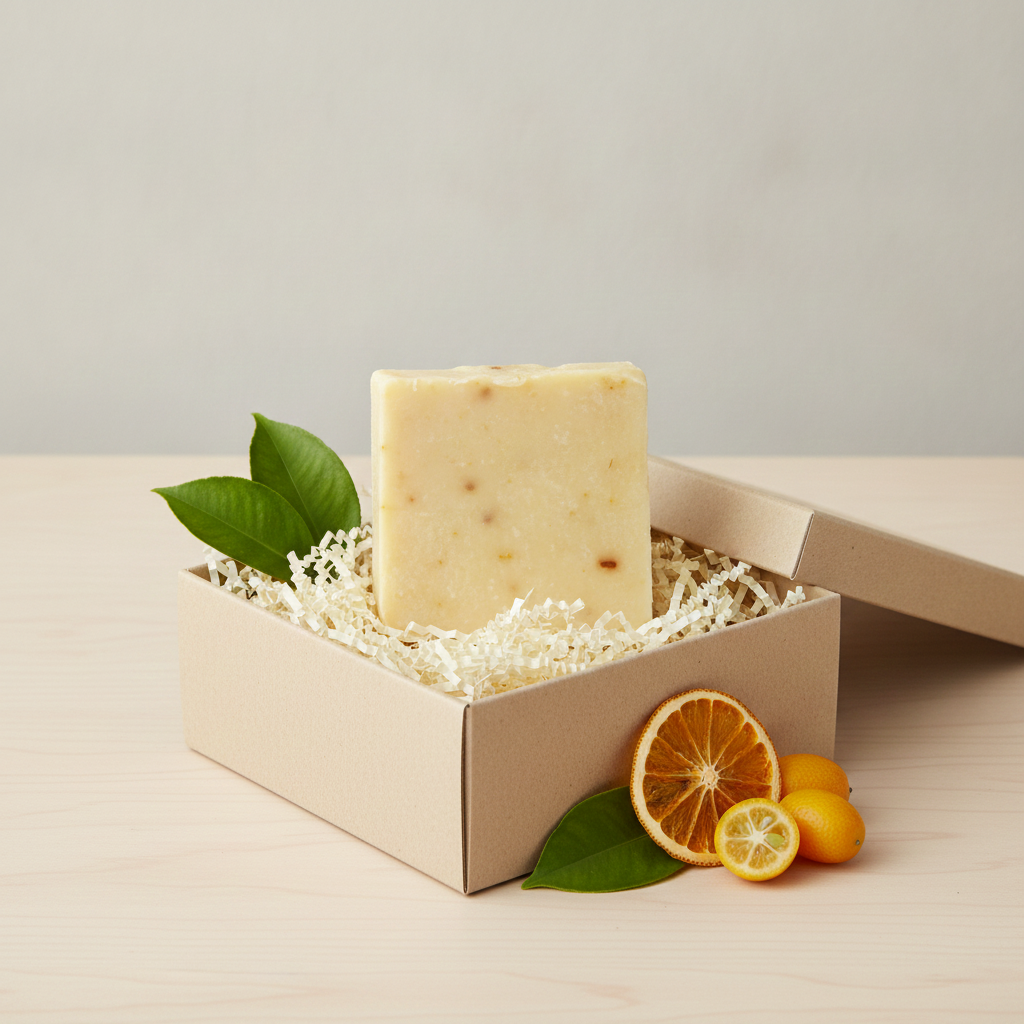 Citrus Splash Goat Milk Soap Bar in a gift box with dried citrus slices and green leaves.