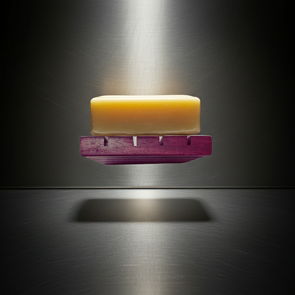 Bar of soap hovering above a Square Edge Purple Heart wood soap dish under a dramatic spotlight on a metal background.