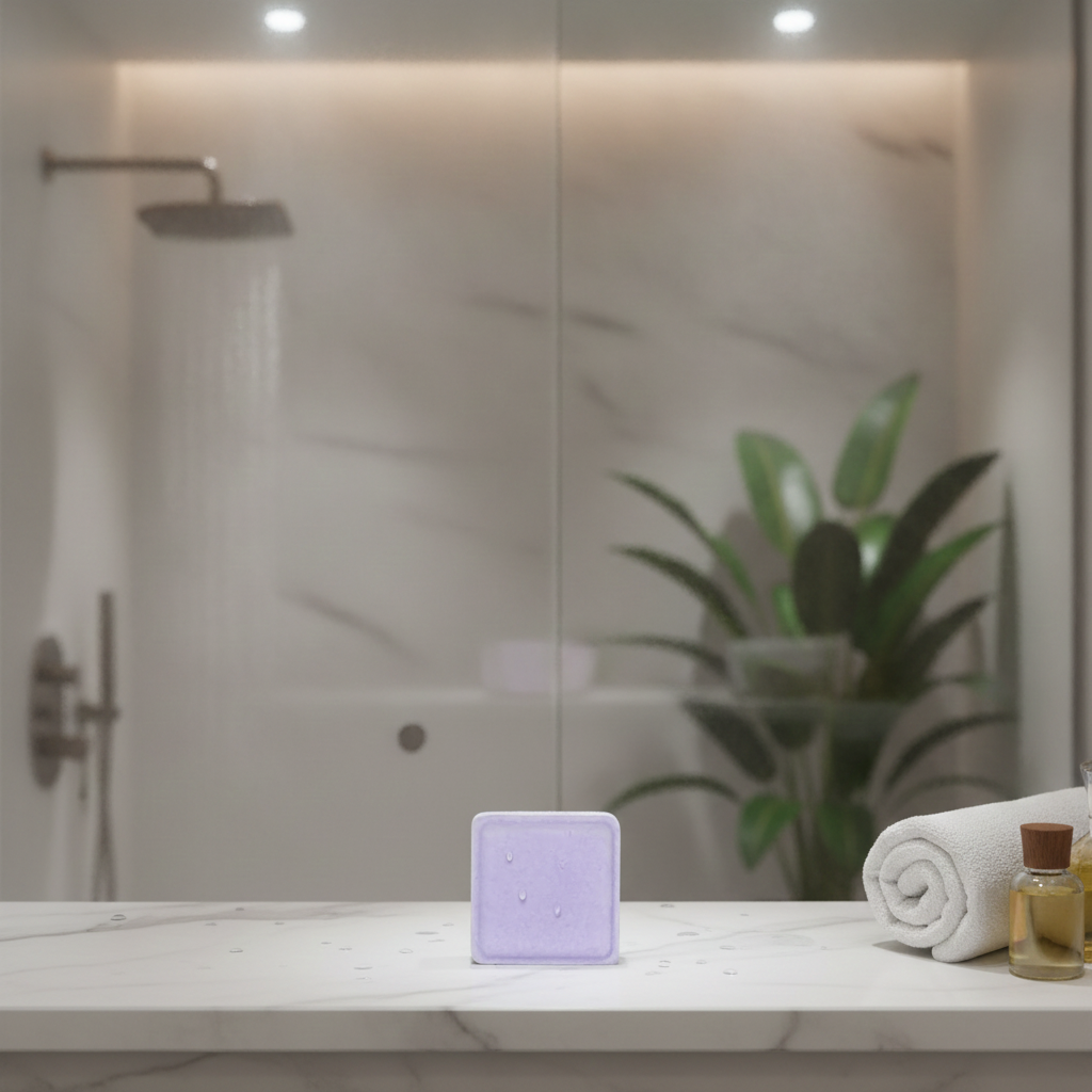 Lavender square shower steamer on a shower bench with folded towel, bottle, plant, and shower in the background.