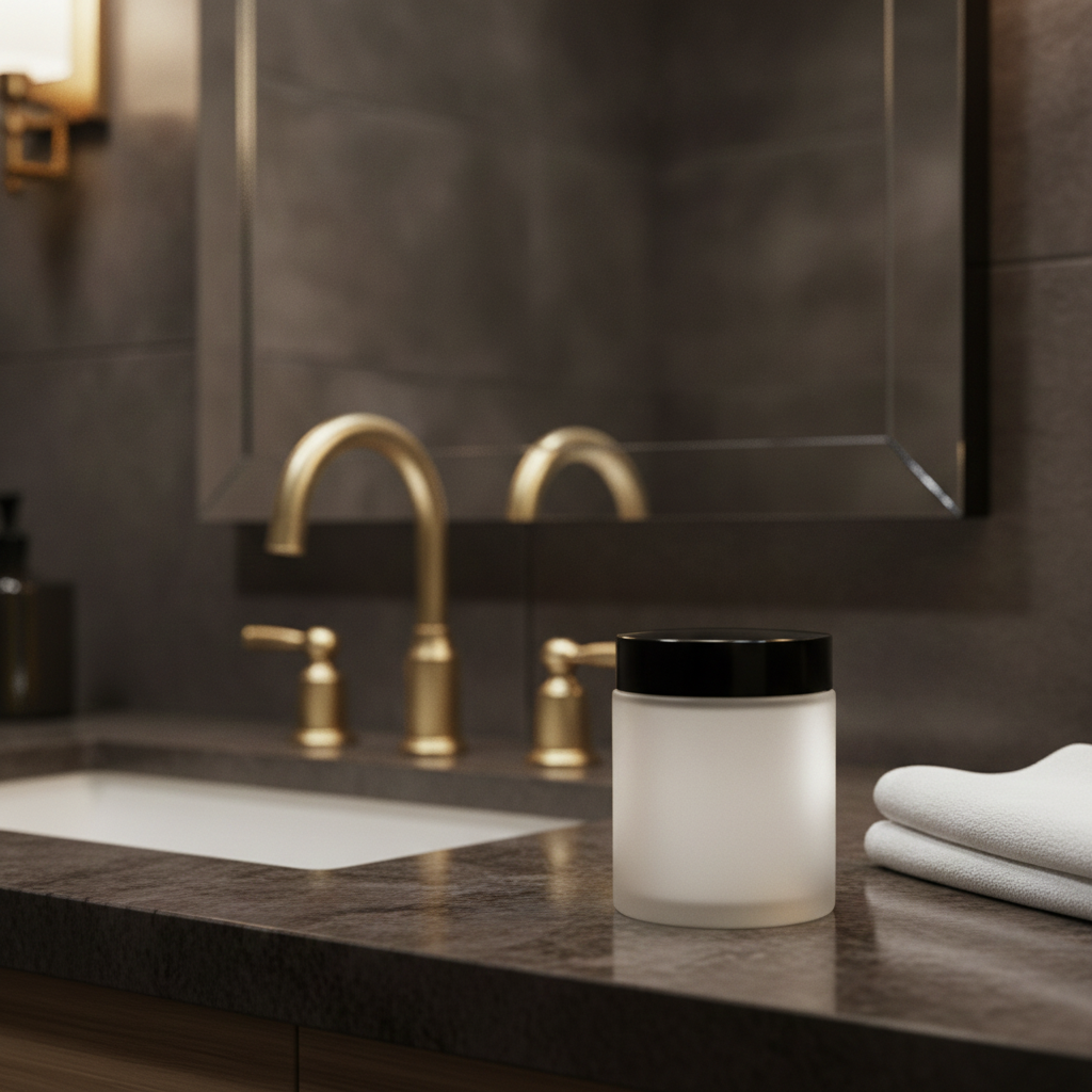 Smooth Body Cream on a dark bathroom vanity beside folded towels and gold sink fixtures.