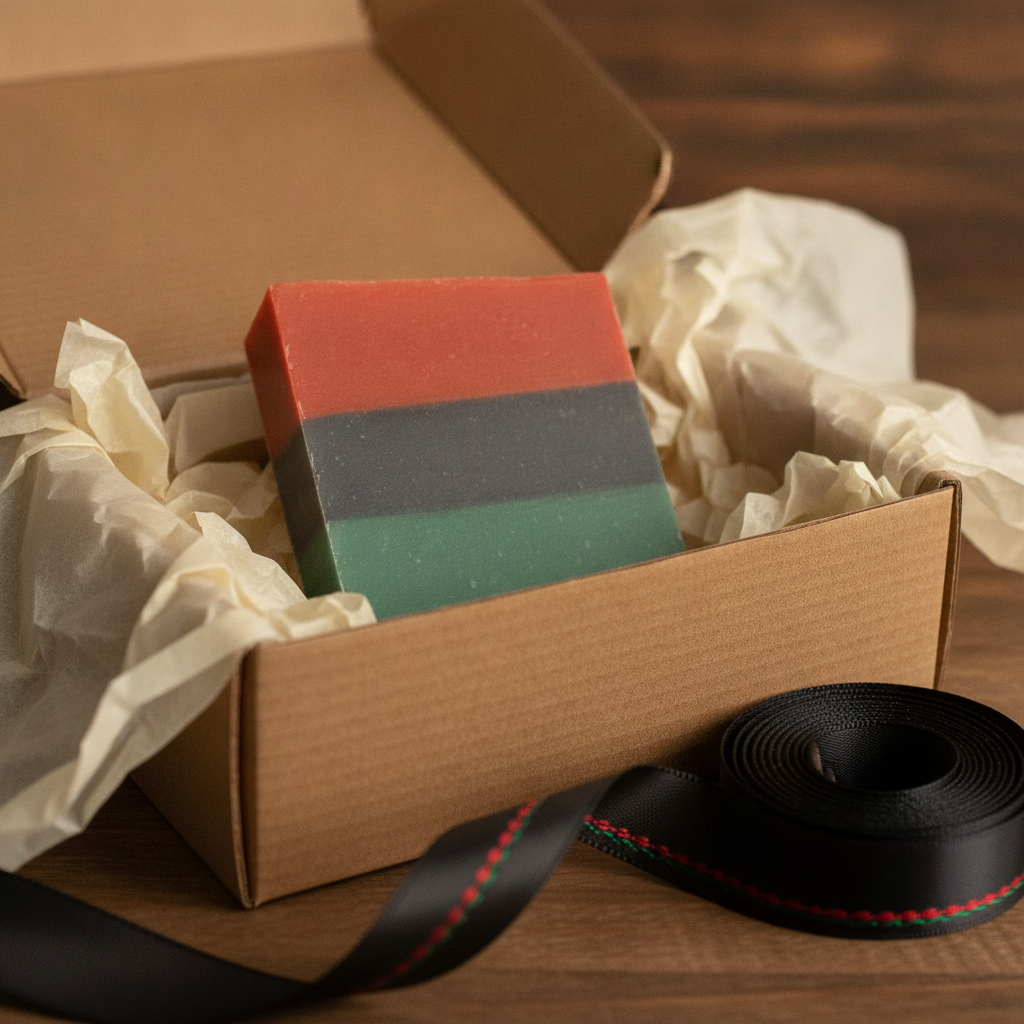 Liberation Lather soap presented in an open kraft gift box with tissue paper and black ribbon