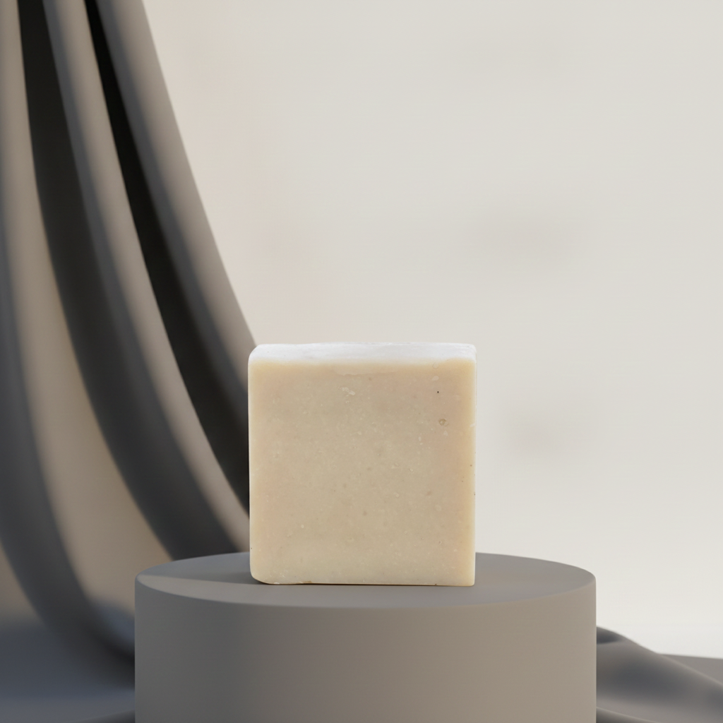 Unscented Goat’s Milk Facial Soap displayed on a neutral pedestal with softly draped black and cream fabric.