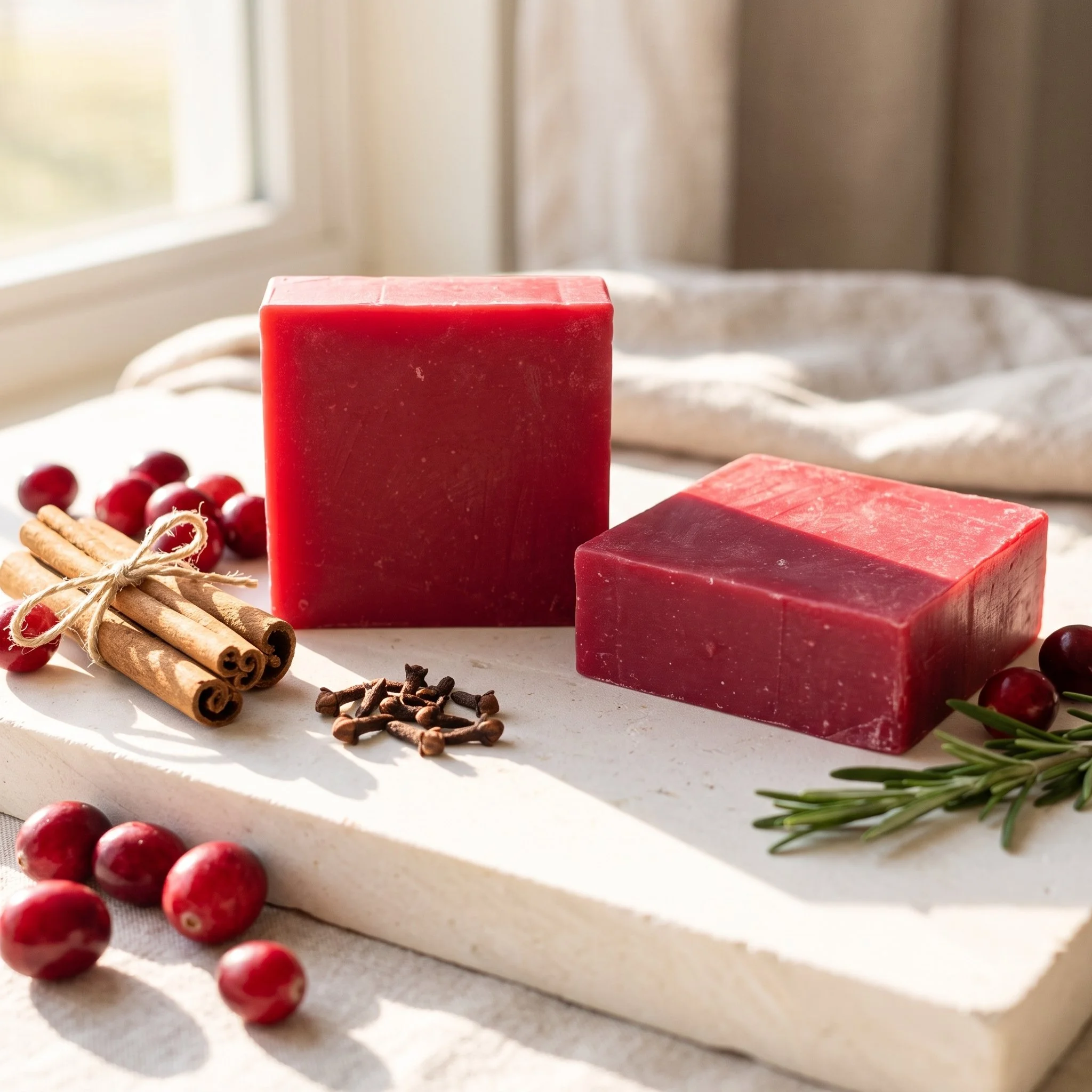 Cranberry Spice Soap Bars on a marble surface with cranberries, cloves, cinnamon sticks, and rosemary.