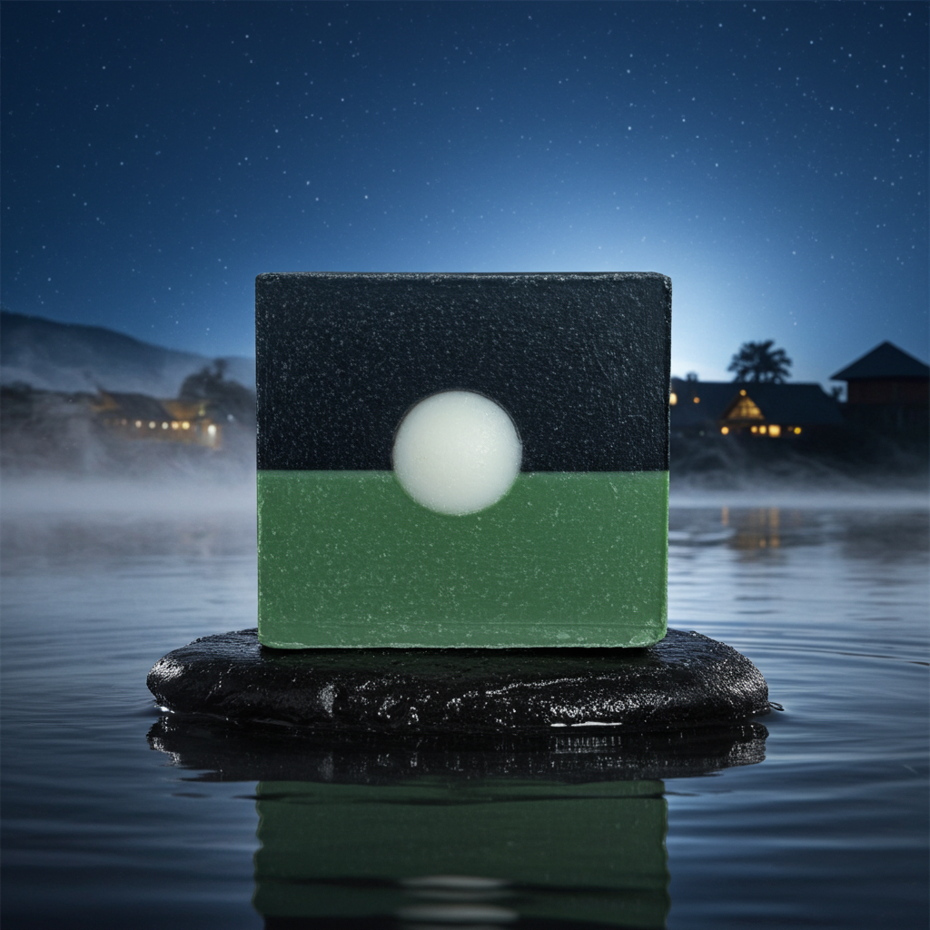 Only the Moon Above Heritage Line soap bar on water in a blue moonlit scene with a calm nighttime glow