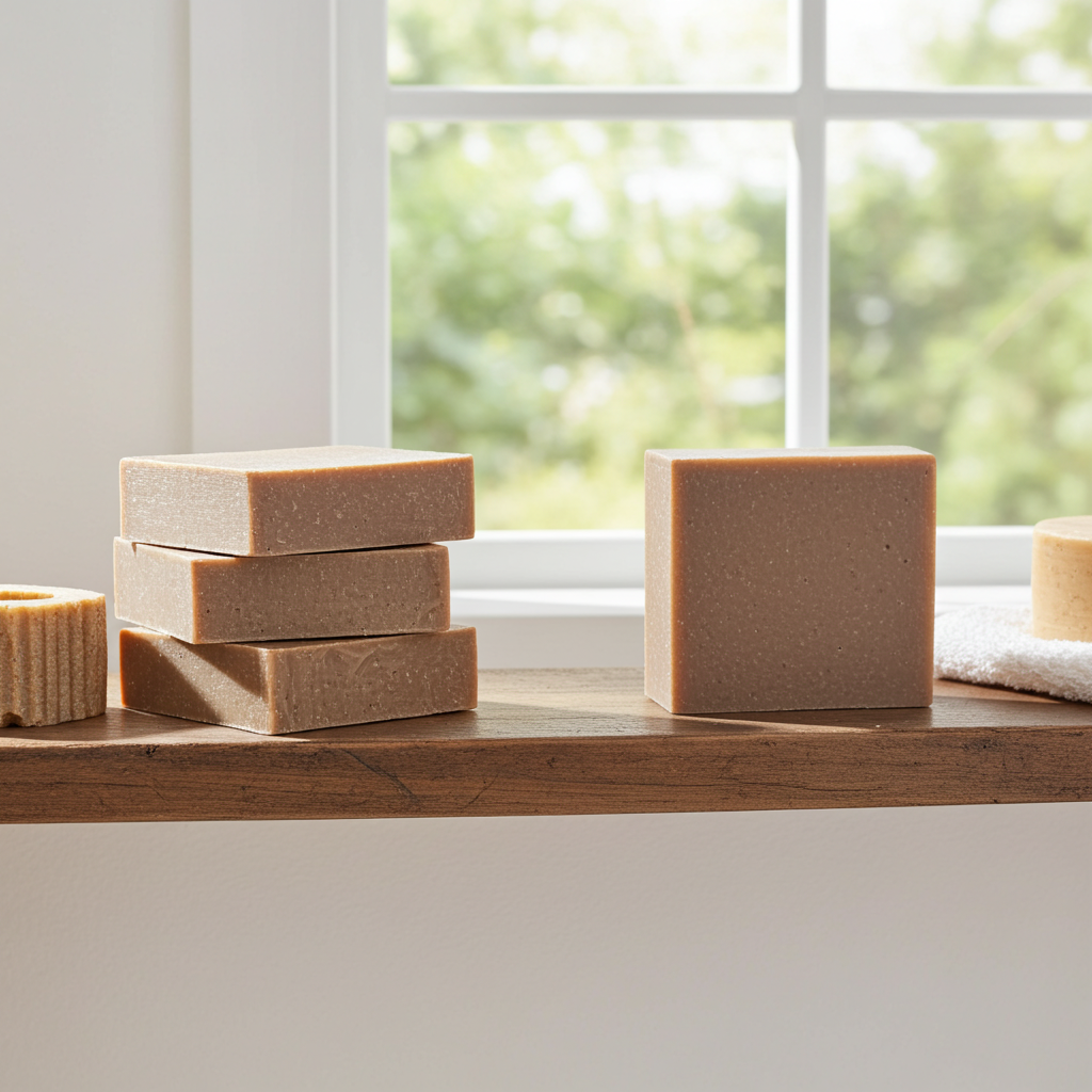 Osei Gold handmade soap bars in bright window light with a clean warm and refined everyday feel