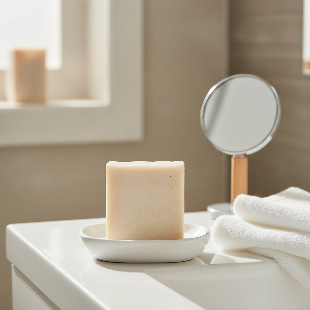 Unscented Goat’s Milk Facial Soap on a ceramic dish beside a mirror and folded white towels in a bright bathroom setting.