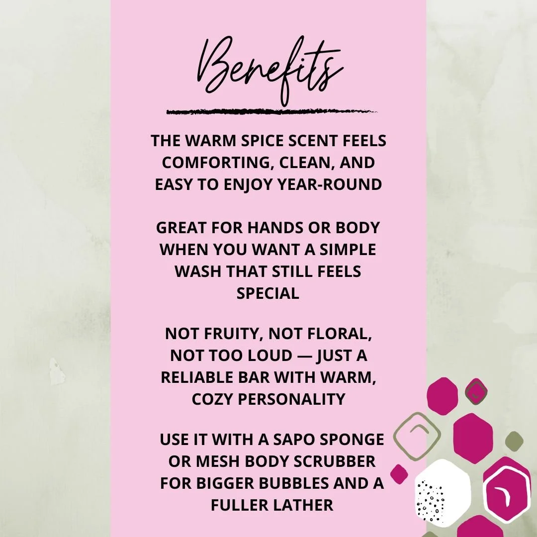 Benefits graphic for Oatmeal Spice Soap Bar highlighting warm spice scent, creamy lather, cozy scent profile, and Sapo Sponge pairing.