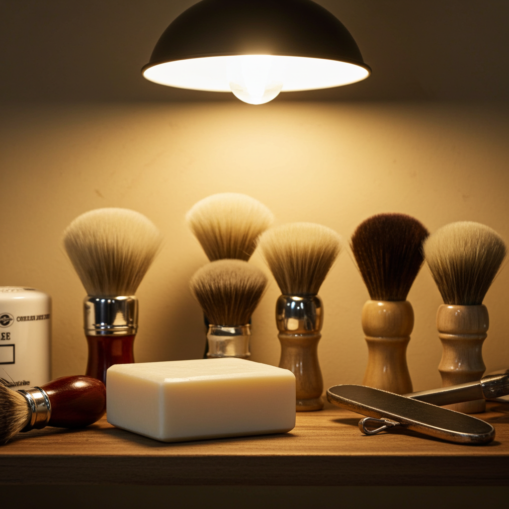 Unc’s Barbershop Blend soap bar styled with shaving brushes and grooming tools in a warm barbershop setting
