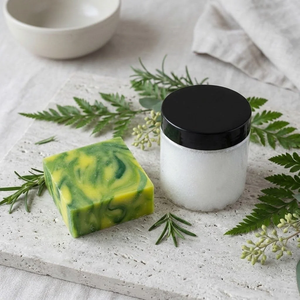Free Spirit Soap Bar and Smooth Body Cream jar displayed on a light stone surface with fresh green herbs and botanical accents.