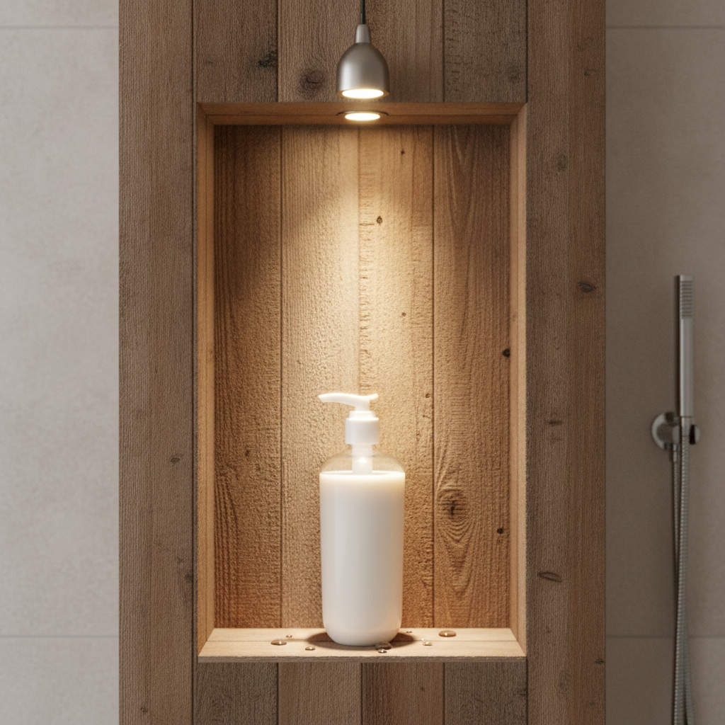 Sensitive Skin Natural Body Wash centered in a wooden shower niche under a warm overhead light.