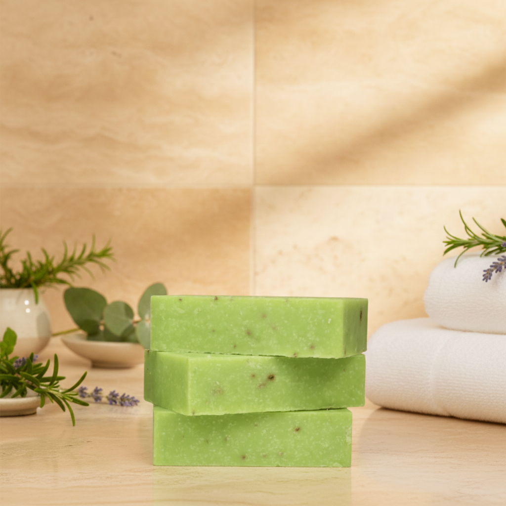 Stacked Hot Hammam soap bars in a warm bathroom setting with towels and herbal accents