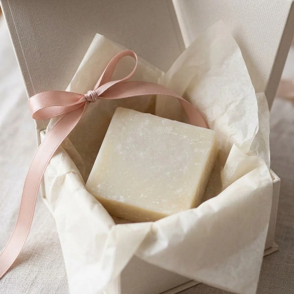 Big Sister handmade soap presented in an open gift box with ivory tissue paper and a blush pink ribbon.