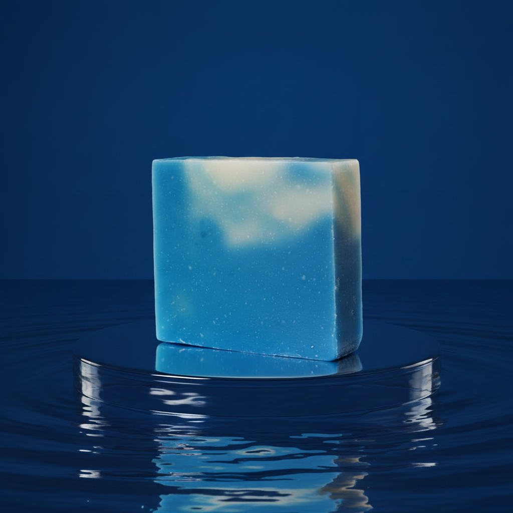 Cool Water Soap Bar displayed above rippling blue water against a deep blue background.